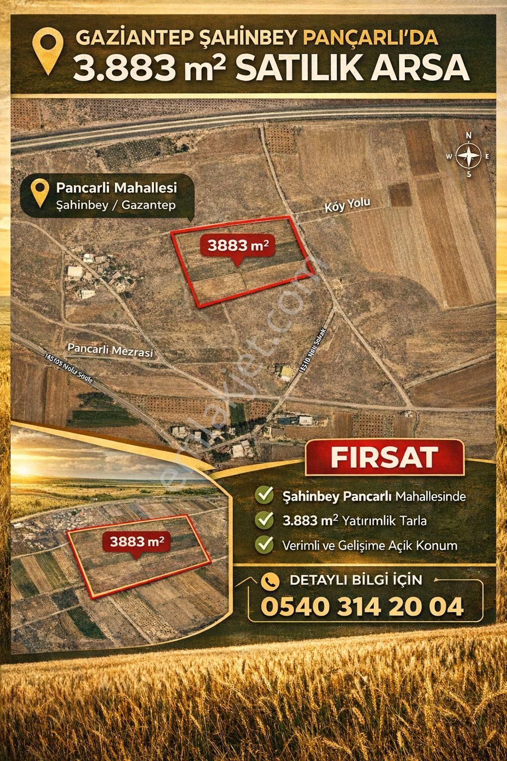 Sahibinden Gaziantep Şahinbey Pancarlı Mah. 3.883 M² Satılık Tarla