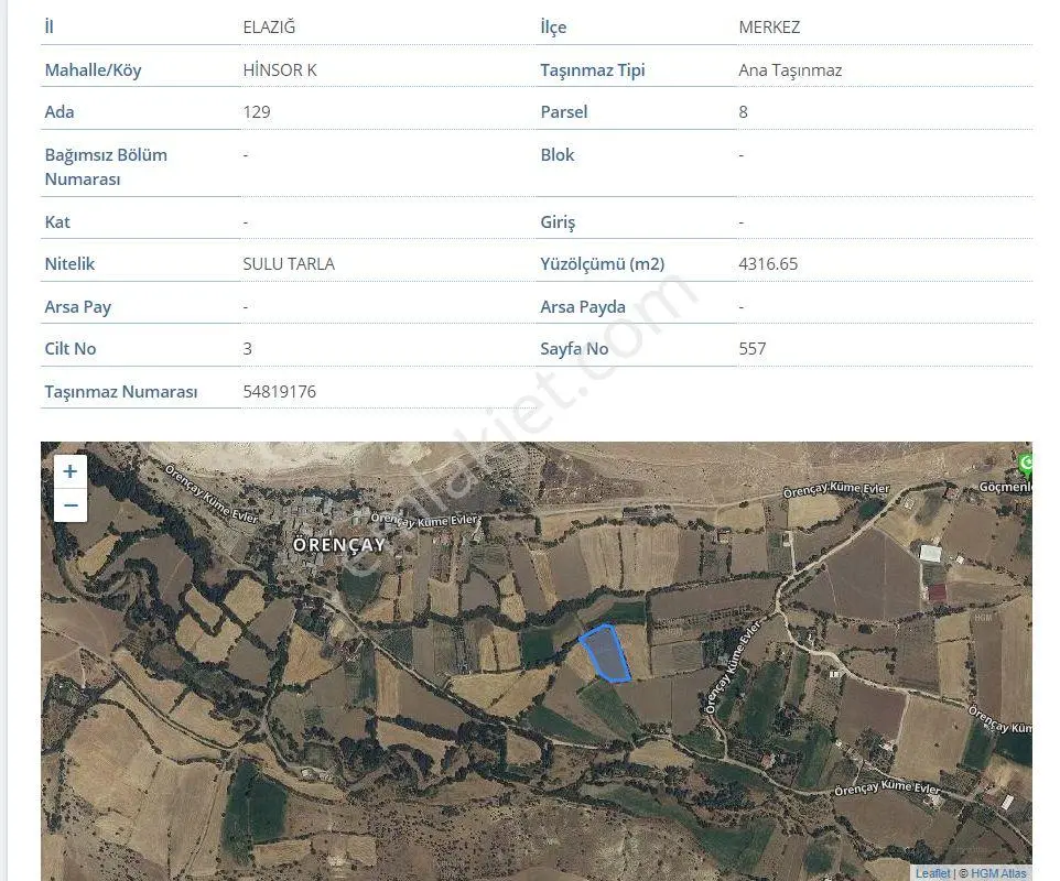 Sahibinden Elazığ Merkez Hinsor'da Satılık 4316 M² Geniş Tarla