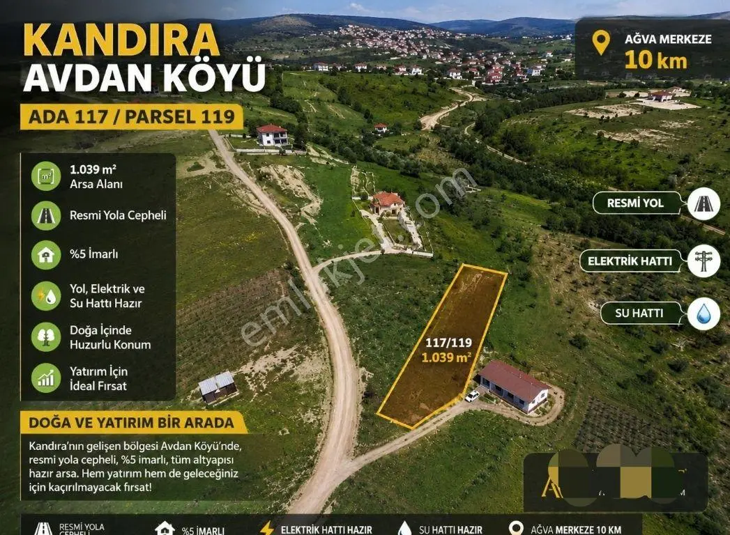 Sahibinden Kandıra Avdan'da Ağva'ya 10 Km | 1.039 M² Resmi Yolu & Altyapısı Hazır %5 İmarlı Arsa