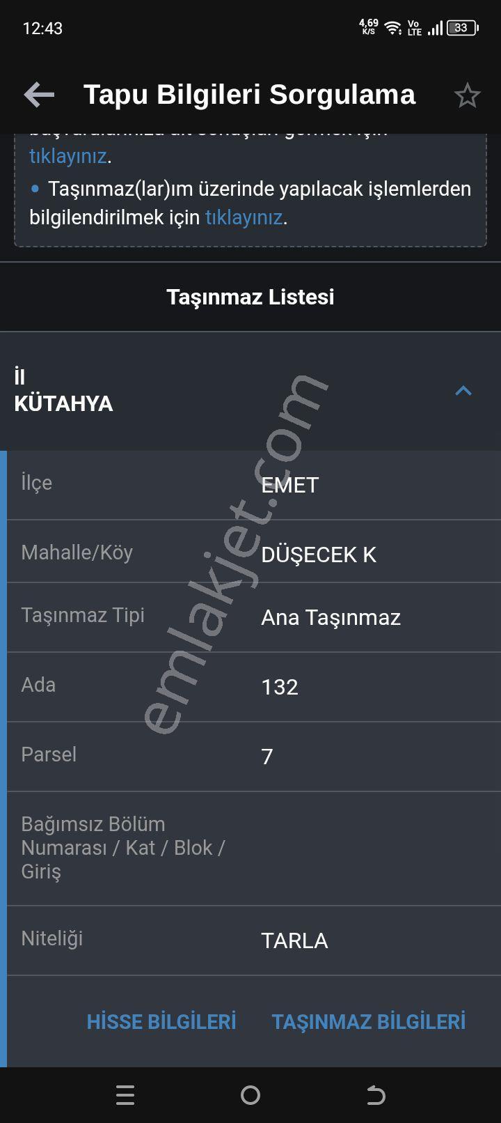 Kütahya Emet Sahibinden Tarla