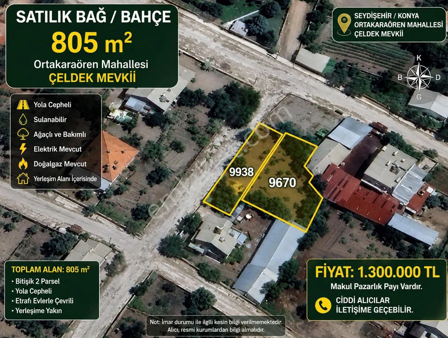 Sahibinden Ortakaraören Çeldek'te Yola Cepheli 805 M² Satılık Bağ