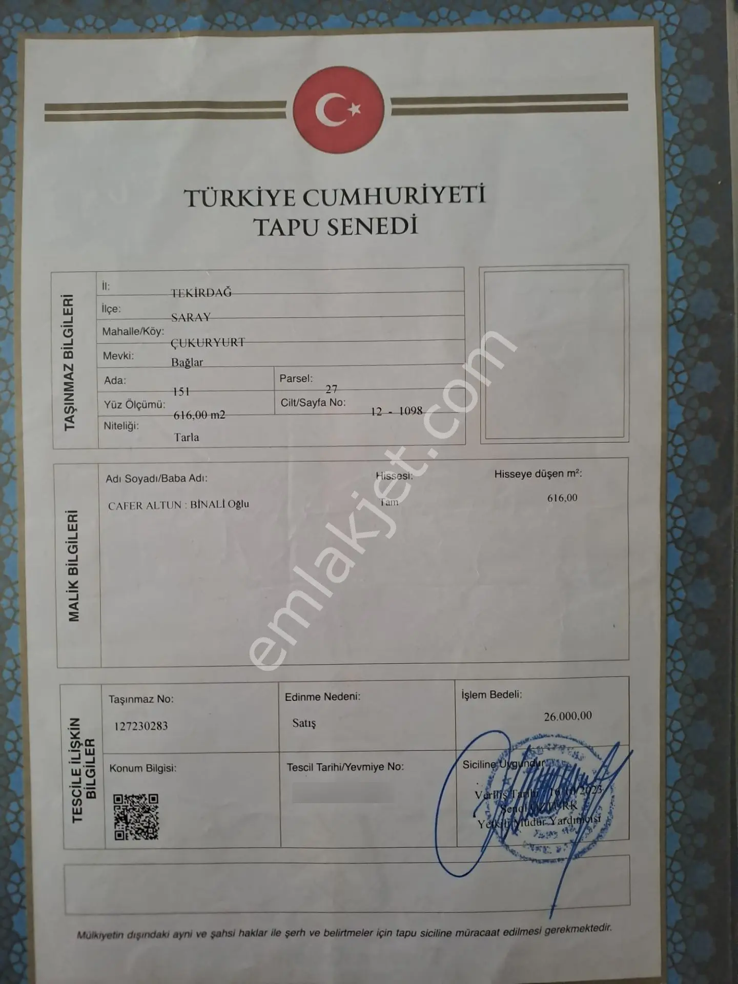 Sahibinden Tekirdağ Saray Tarla