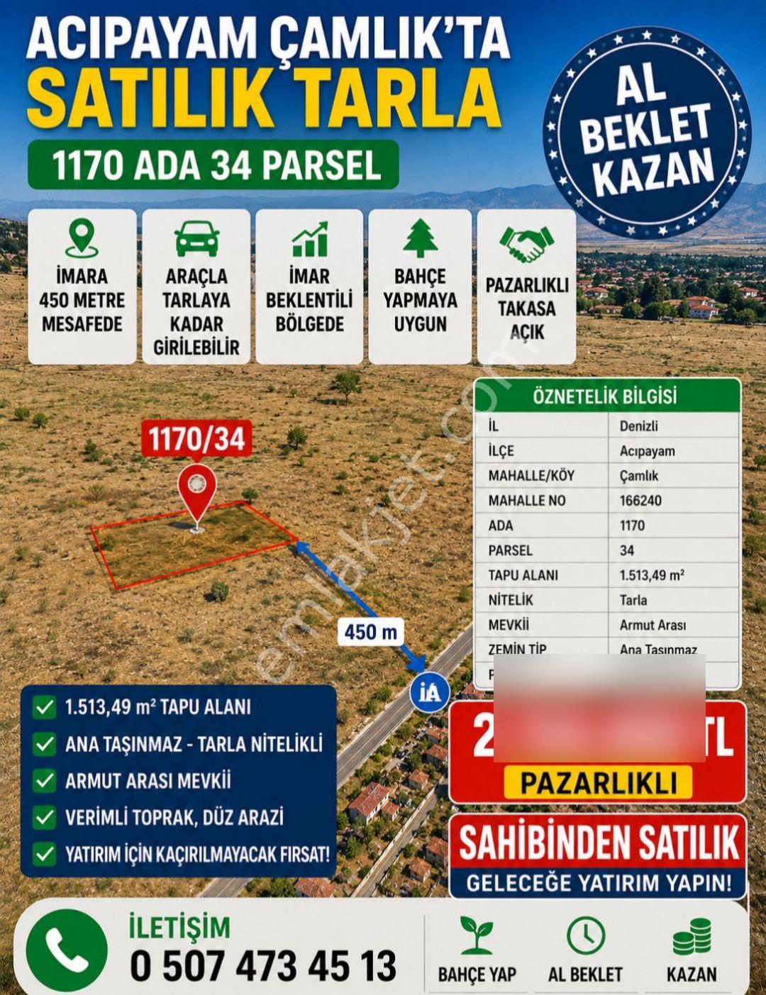 Sahibinden Acıpayam Çamlıkta Tarla