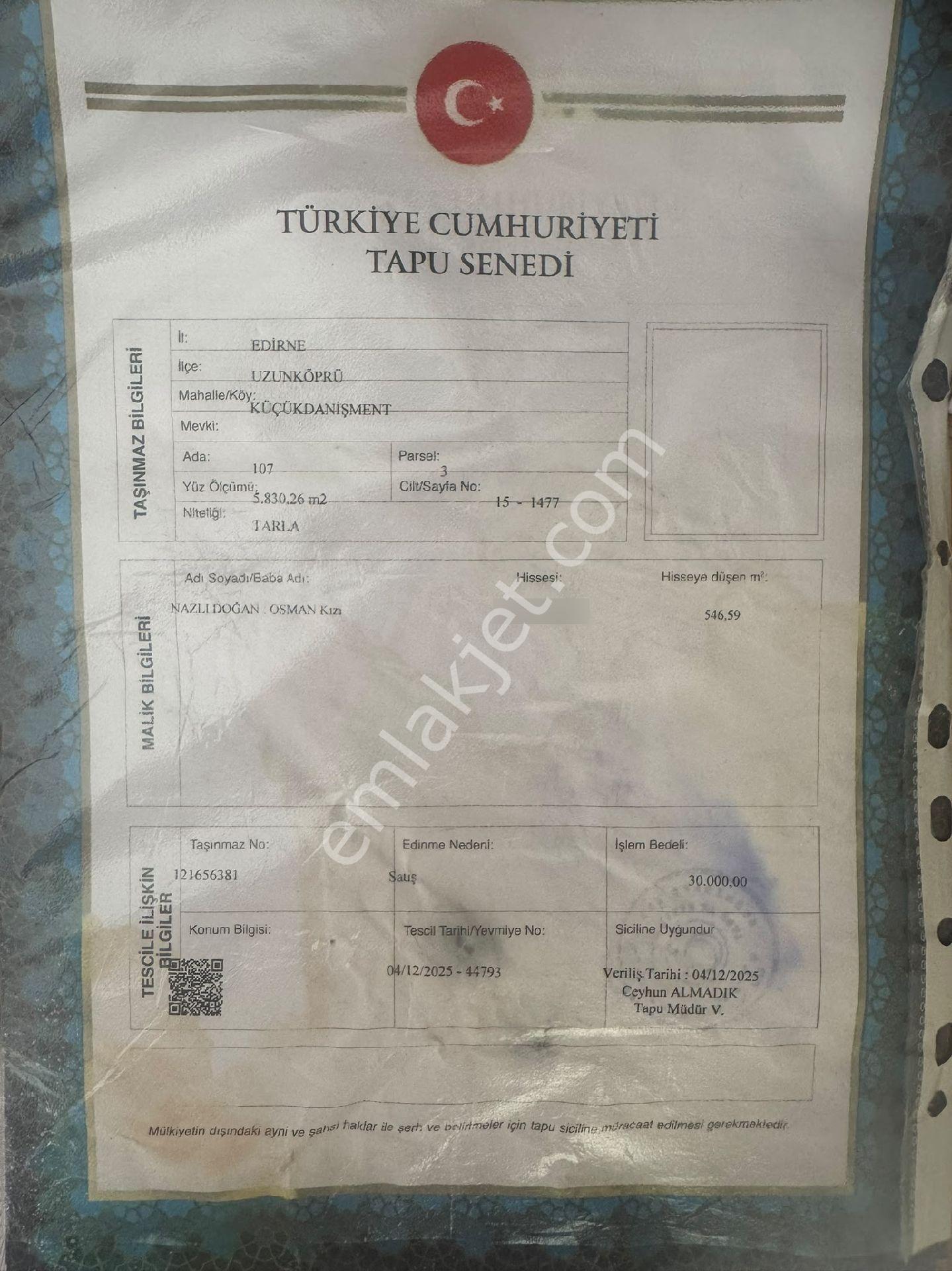Sahibinden Edirne Uzun Köprü Yatırımlık Tarla 546mt