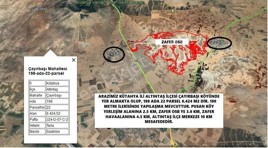 Sahibinden Sahibinden Zafer Osb Ye 3.6 Km Mesafede Yatırımlık Tarla 6424 M2