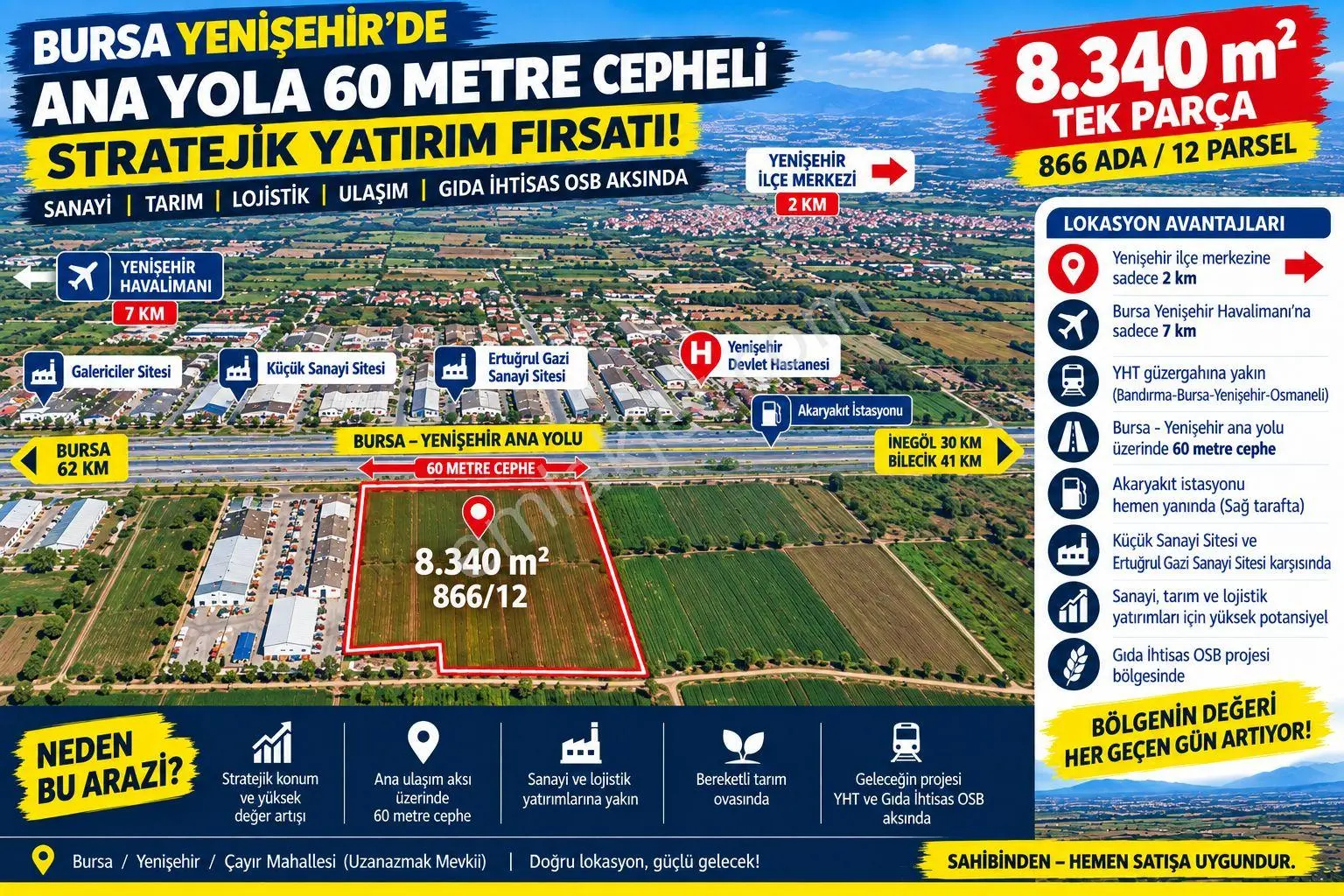Sahibinden Bursa Yenişehir | 60m Ana Yol Cepheli | 1/1000 Planlama | 8.340 M²