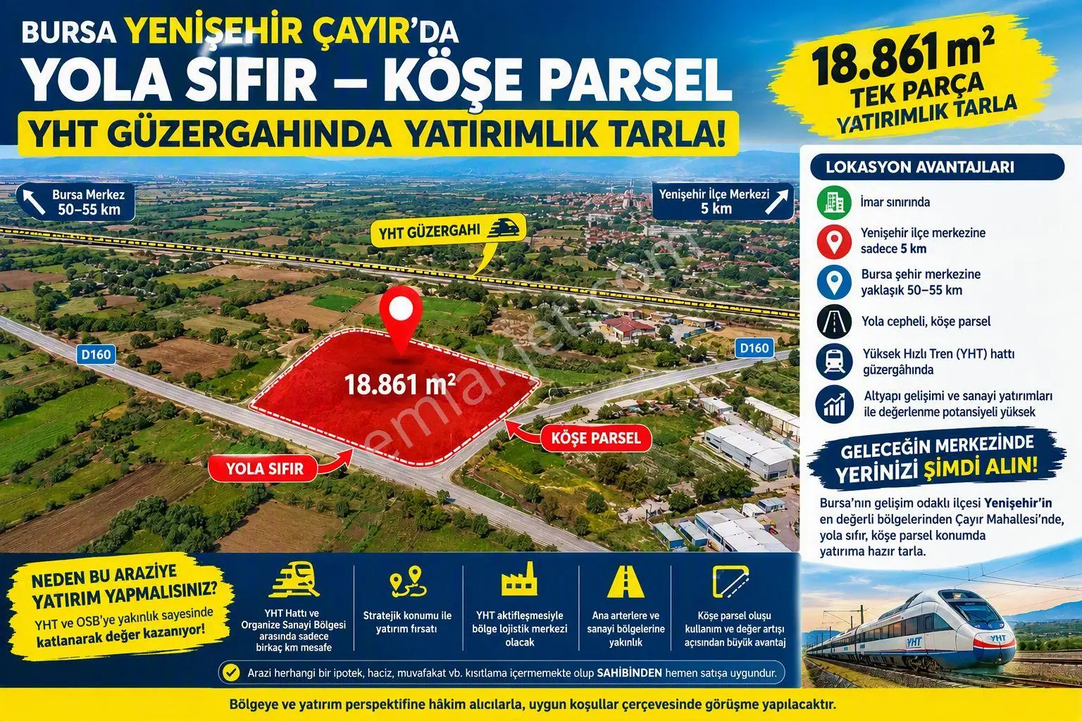 Sahibinden Yenişehir Çayır’da Yola Sıfır Köşe Parsel 18.861 M² Yht Güzergahında