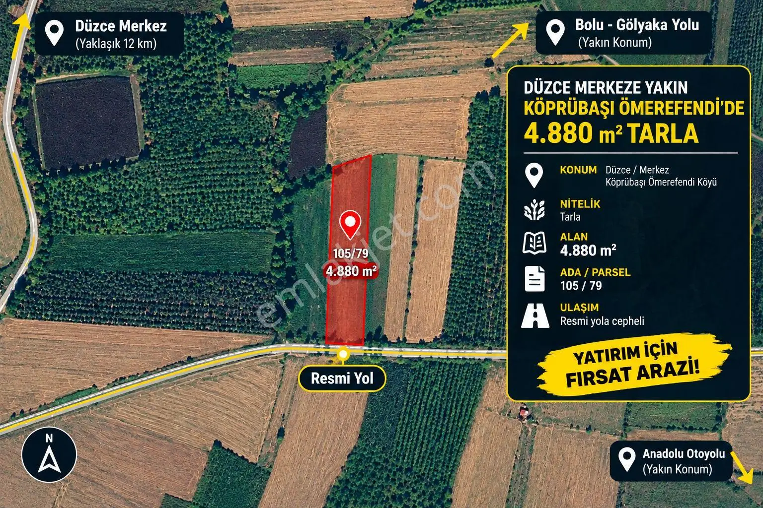 Sahibinden Düzce Merkeze Yakın Köprübaşı Köyünde 4.880 M² Satılık Arsa!!!!!