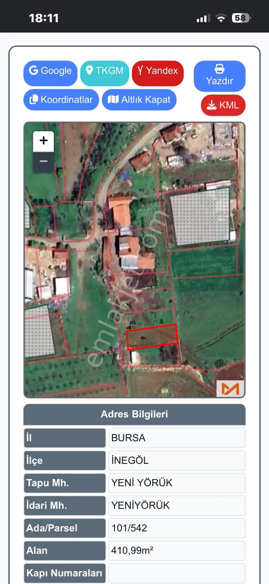 Sahibinden Bursa İnegöl Yeniyörük Mahallesi'nde Satılık 410 M² İmarlı Arsa
