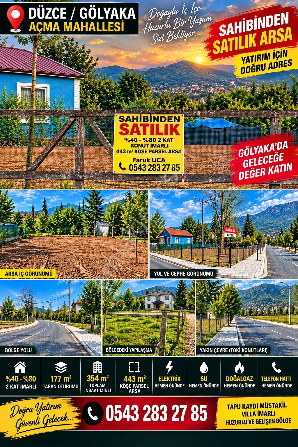Sahibinden Sahibinden Düzce Gölyaka Açma Mahallesi'nde Cadde Üzeri %40-80 İki Kat İmarlı 443m2 Köşe Parsel