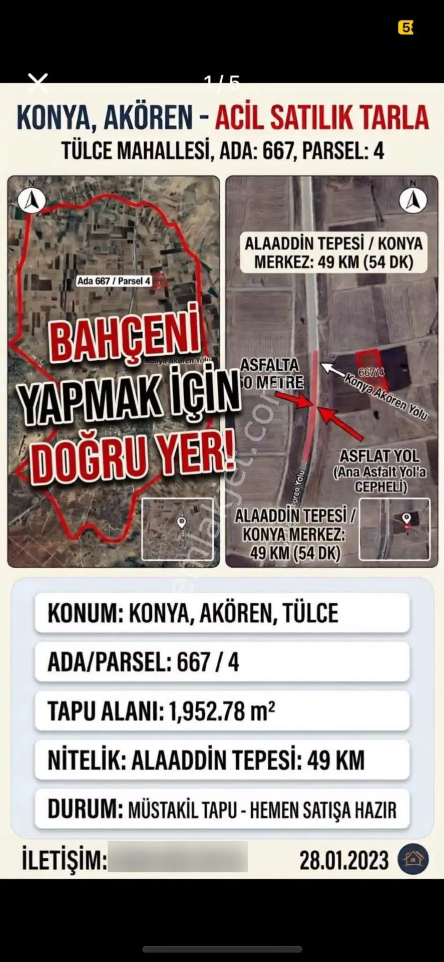 Sahibinden Konya Akören İlçesinde (konya Merkeze 49km)bahçelik Yer Elektrik Su Var