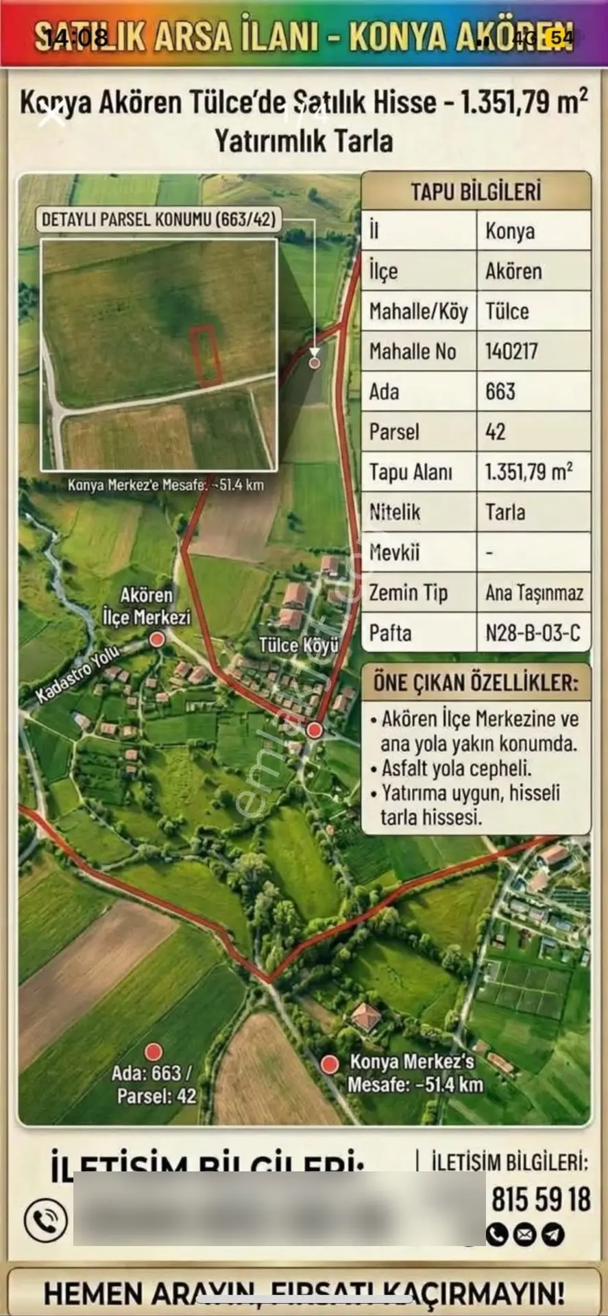 Sahibinden Konya Akören İlçesinde (konya Merkeze 50 Km) Bahçelik Yer Elektrik Su Var Ana Yola 2 Parsel