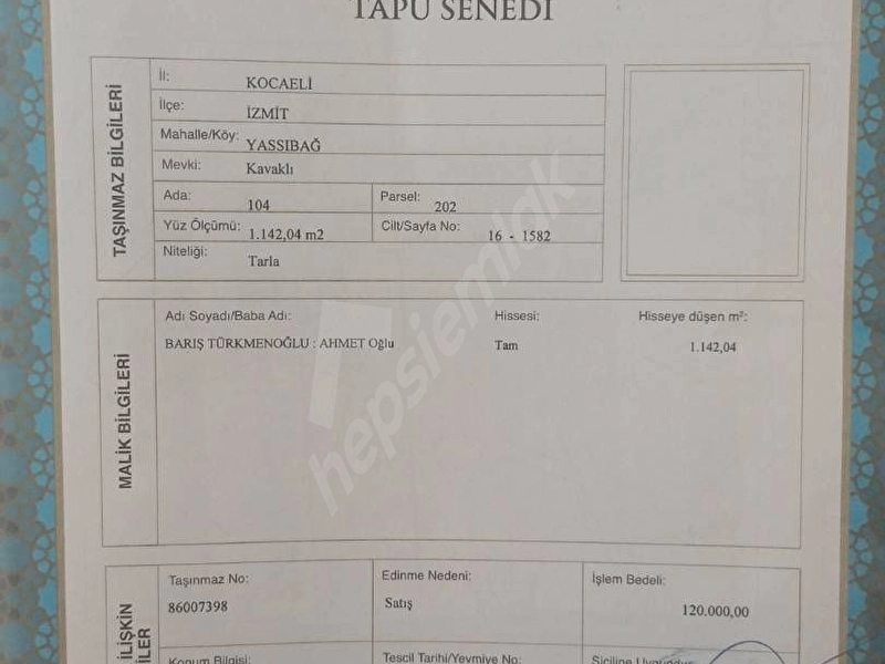 Sahibinden İzmit Yassıbağ'da Yatırımlık Müstakil Tarla - 1.142 m²