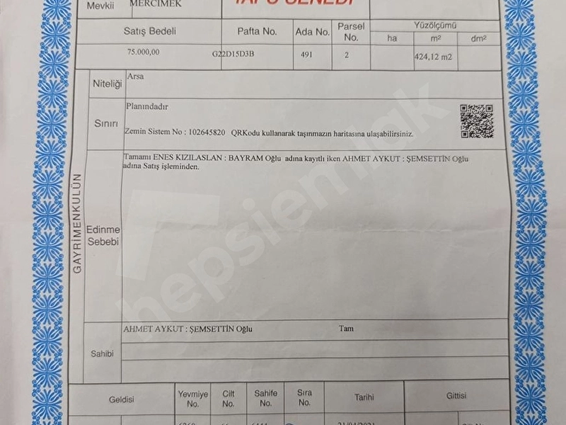 Sahibinden acil  satılık köşe parselli arsa