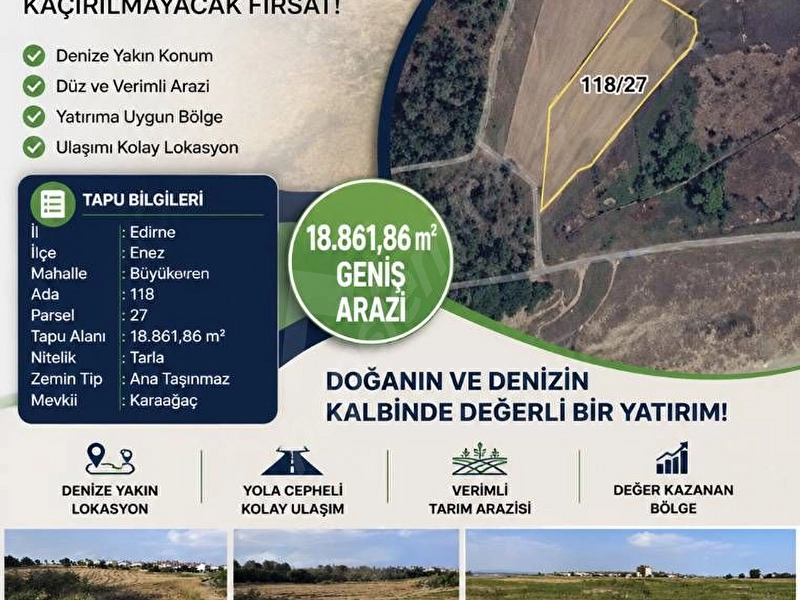 Enez Büyükevren'de 18.861 m2 denize Sıfır dev Yatırımlık arsa
