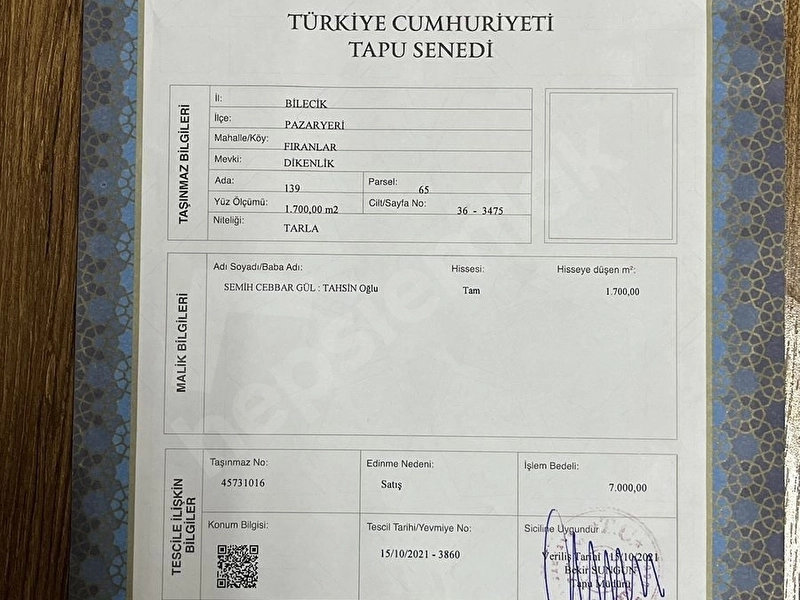 Bilecik Pazaryeri fıranlar tarla satılık