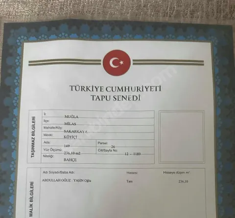 Sahibinden Muğla Milas Sakarkaya Köyü