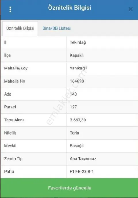 Sahibinden Kapaklı Yanıkağıl Mahallesinde Müstakil Tapulu Tarla 3.667mt