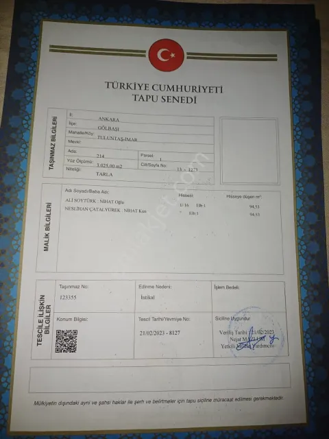 Sahibinden Ankara Tuluntaşta Yatırımlık Tarla