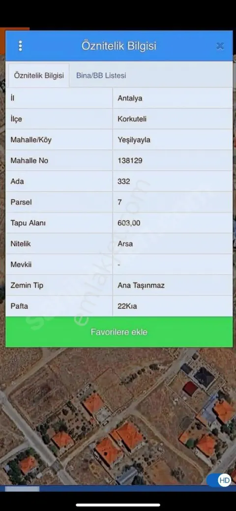 Sahibinden Yeşilyayla Kupon Arsa 603 M2