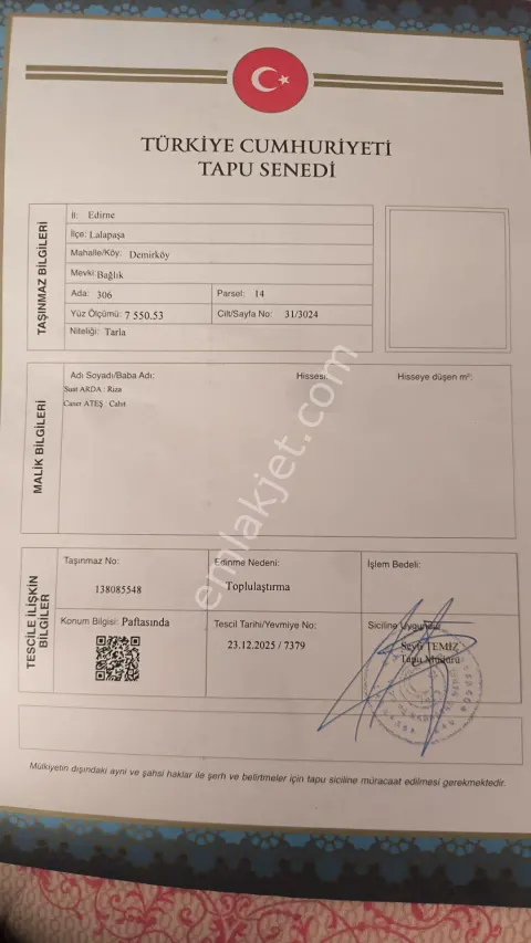 Sahibinden Avrupa Otoban Karşısı Prim Yapan Köy Yakını Fırsat Arazi