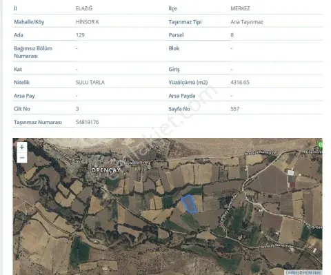 Sahibinden Elazığ Merkez Hinsor'da Satılık 4316 M² Geniş Tarla