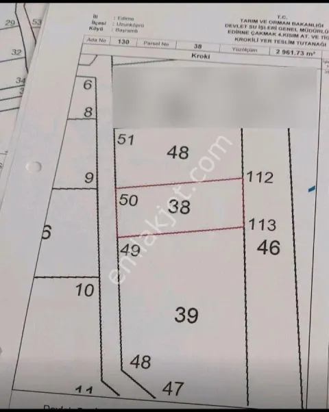Sahibinden Uzunköprü Edirne Bayramlı Köyünde 2.961.73m2 Satılık Tarla