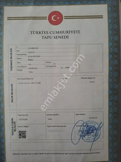 Sahibinden Tekirdağ Saray Tarla