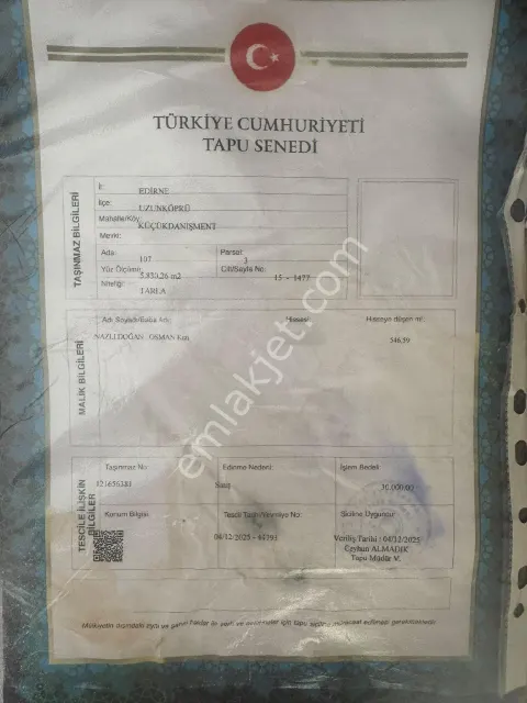 Sahibinden Edirne Uzun Köprü Yatırımlık Tarla 546mt