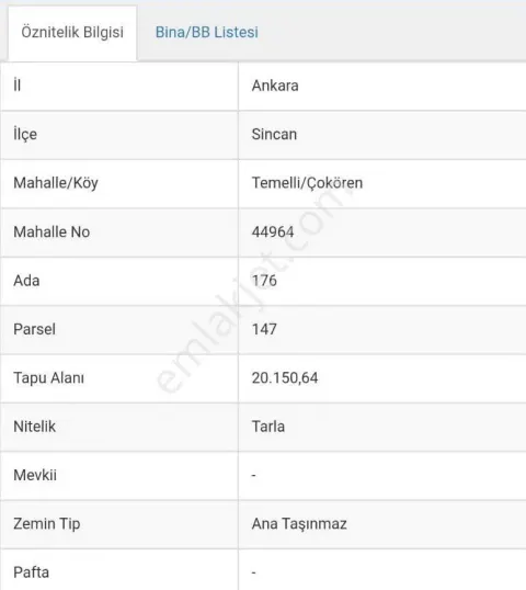 Sahibinden Ankara Sincan Çokören De Tek Tapu