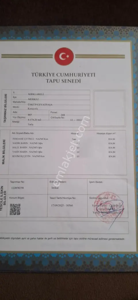 Sahibinden Kırklareli Üsküp'te Merkeze Yakın Tarla