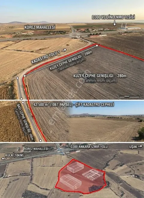 Sahibinden D300 İzmir-uşak Yolu Kavşağında / 42.500 M² / Çift Kadastro Yollu / Altyapılı Yatırımlık Arazi