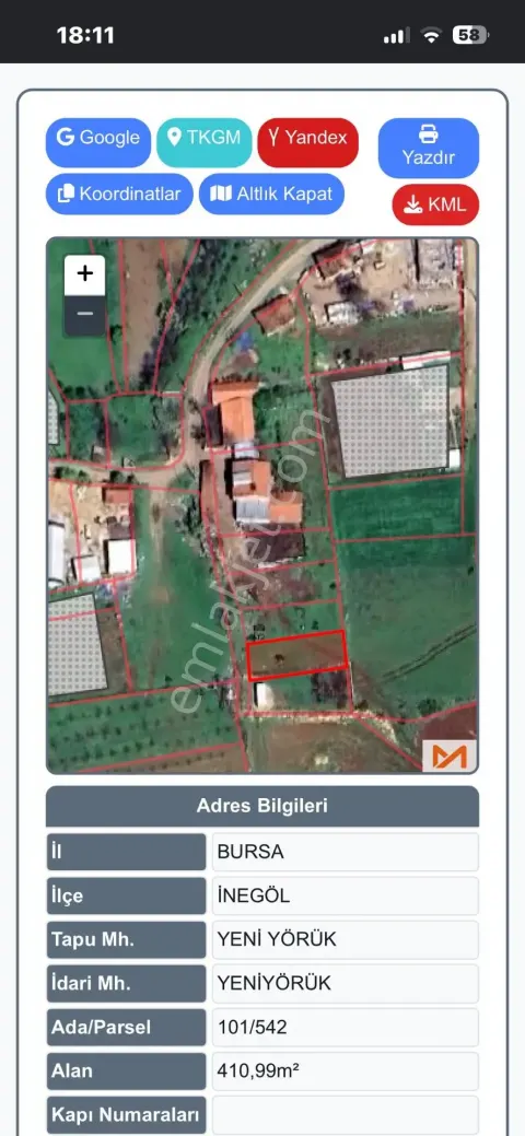 Sahibinden Bursa İnegöl Yeniyörük Mahallesi'nde Satılık 410 M² İmarlı Arsa