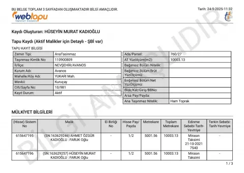 Sahibinden Avanos Yukarı Mahallesi'nde 13.000 M² Satılık Arazi