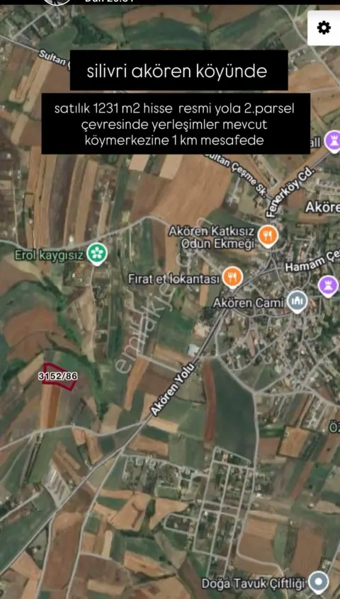 Sahibinden Silivri Akören Mahallesi'nde 1231 M2 Hisseli Tarla