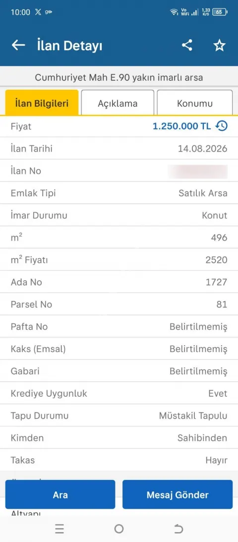 Sahibinden Satılık Konut İmarlı Arsa