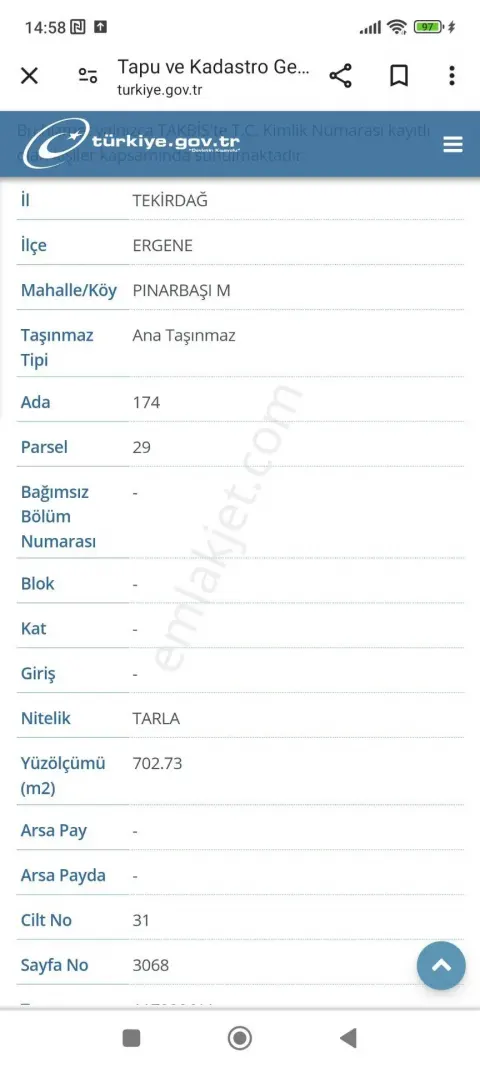Sahibinden Ergene Pınarbaşı Mahallesinde Satılık Müstakil Tarla..
