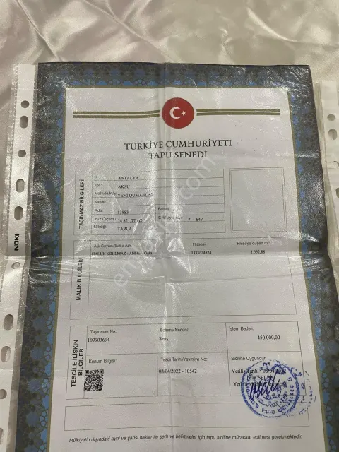 Sahibinden Antalya Aksu Yenidumanlar’da Satılık 1.332 M² Yatırımlık Hisse