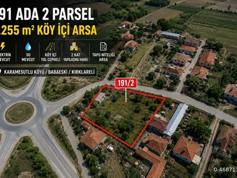 KARAMESUTLU KÖY GİRİŞİNDE 1256 m² – ELEKTRİK SU HAZIR – YATIRIMLIK ARSA