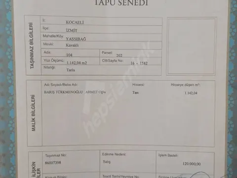 Sahibinden İzmit Yassıbağ'da Yatırımlık Müstakil Tarla - 1.142 m²