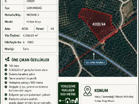 Yatırımlık ve Tarıma Uygun Kadastro Yollu 4.368 m² Satılık Tarla (Samandağ / Mızraklı)
