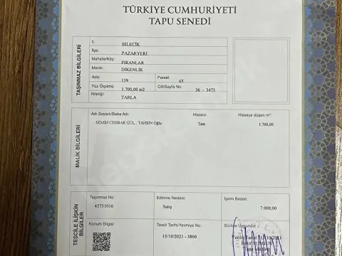 Bilecik Pazaryeri fıranlar tarla satılık